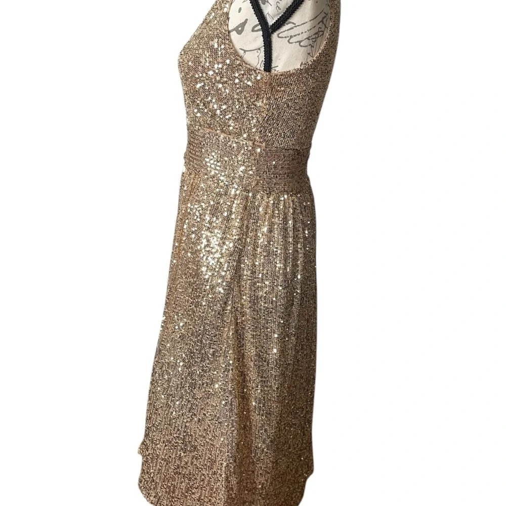 Gold Sequin Dress Formal Sleeveless V-Neck Party Dress with Ruffle Balloon Hem - Picture 3 of 9